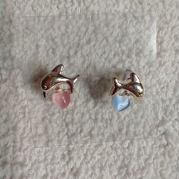 Silvertone pink blue dolphin post earrings - Picture 1 of 3